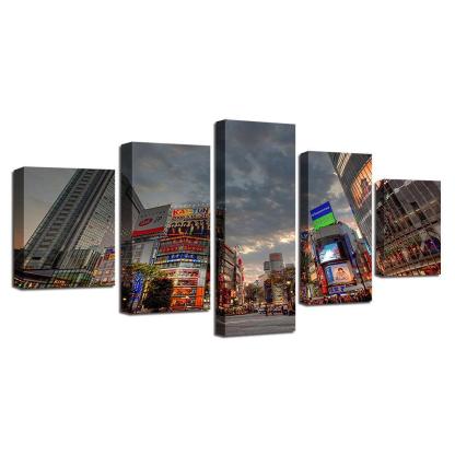Japan Tokyo City 5 Piece HD Multi Panel Canvas Wall Art Frame-Original Frame