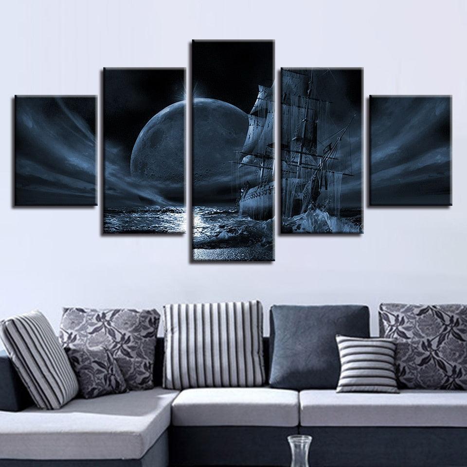 Moon Night Sailboat 5 Piece HD Multi Panel Canvas Wall Art Frame-Original Frame