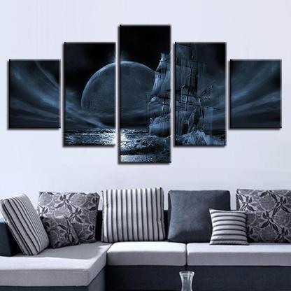 Moon Night Sailboat 5 Piece HD Multi Panel Canvas Wall Art Frame-Original Frame