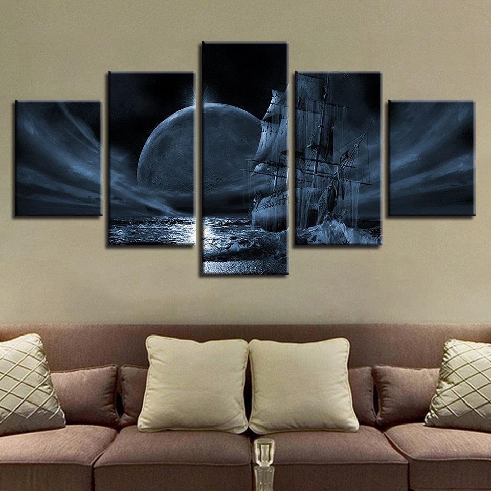 Moon Night Sailboat 5 Piece HD Multi Panel Canvas Wall Art Frame-Original Frame