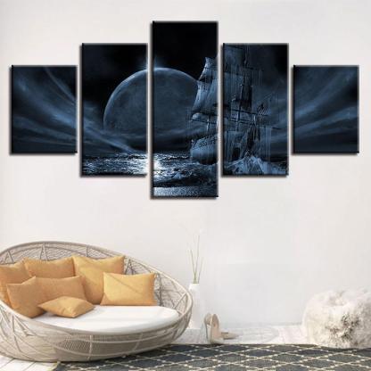 Moon Night Sailboat 5 Piece HD Multi Panel Canvas Wall Art Frame-Original Frame
