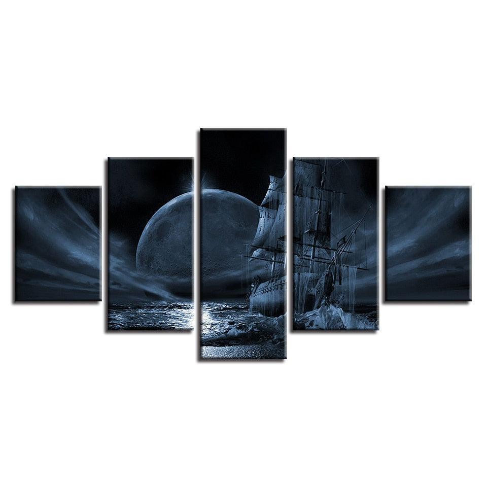 Moon Night Sailboat 5 Piece HD Multi Panel Canvas Wall Art Frame-Original Frame