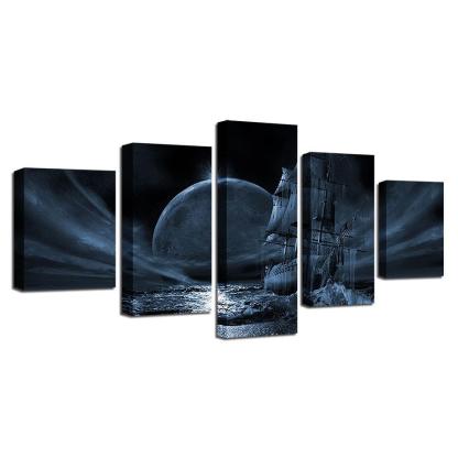 Moon Night Sailboat 5 Piece HD Multi Panel Canvas Wall Art Frame-Original Frame