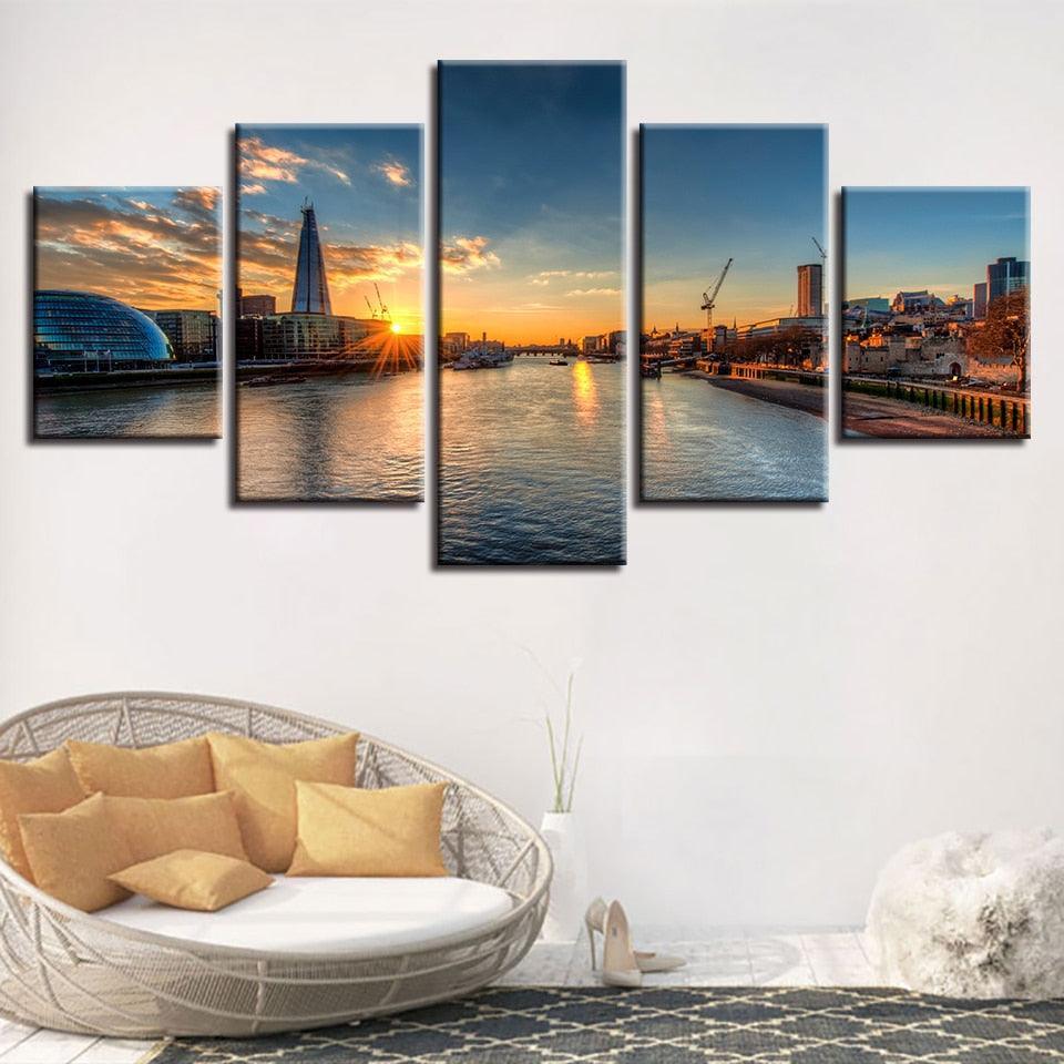 River Sunset Scenery 5 Piece HD Multi Panel Canvas Wall Art Frame-Original Frame