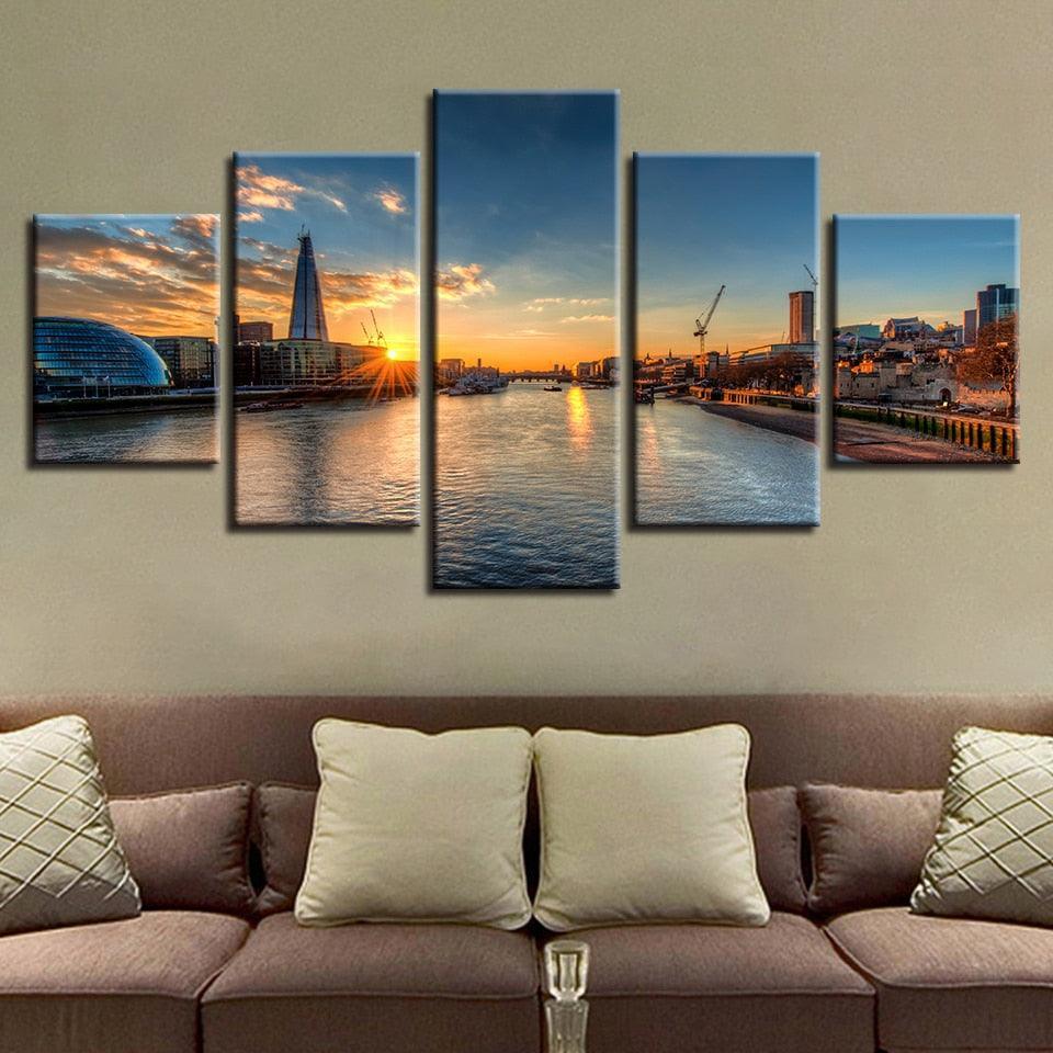 River Sunset Scenery 5 Piece HD Multi Panel Canvas Wall Art Frame-Original Frame