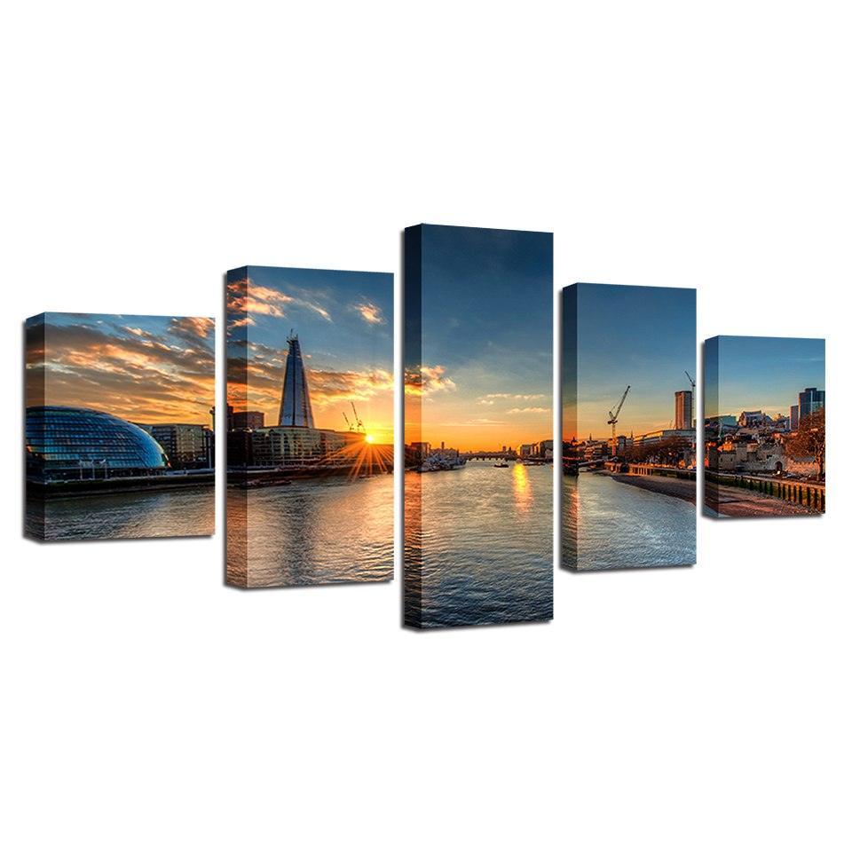 London Sunset 5 Piece HD Multi Panel Canvas Wall Art Frame-Original Frame
