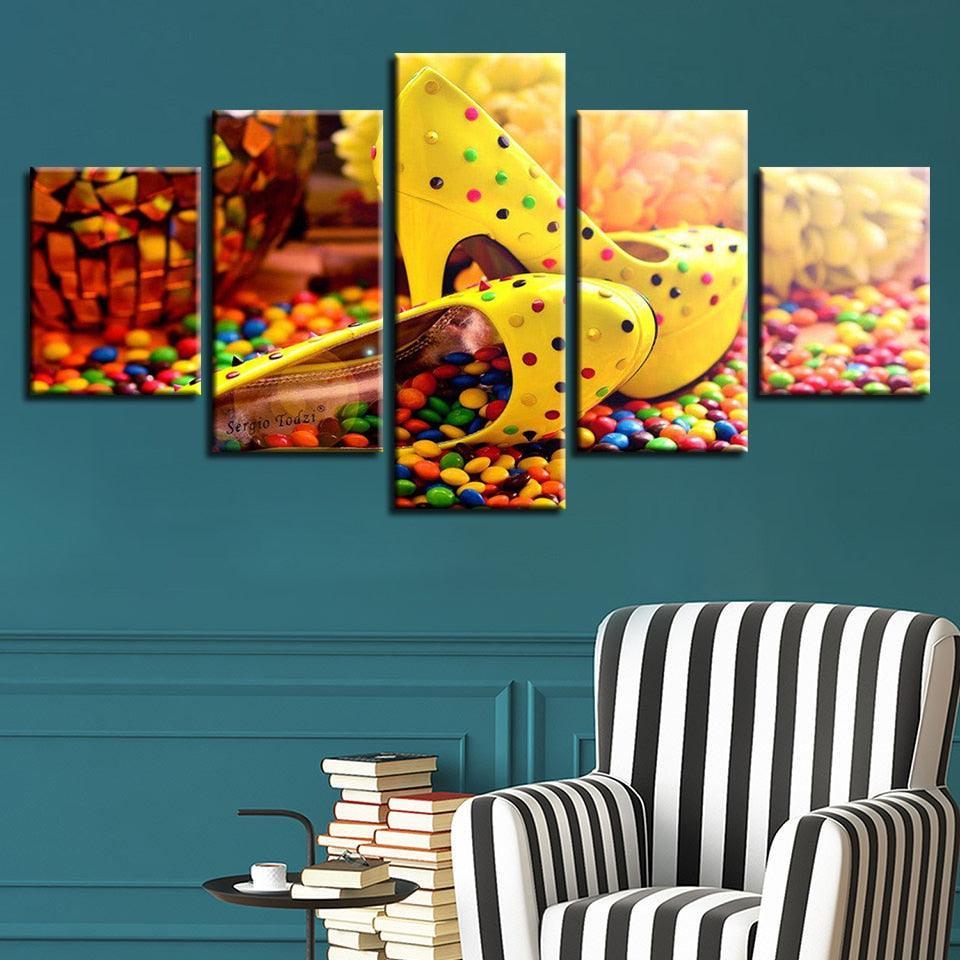Candy Chocolate High Heels 5 Piece HD Multi Panel Canvas Wall Art Frame-Original Frame