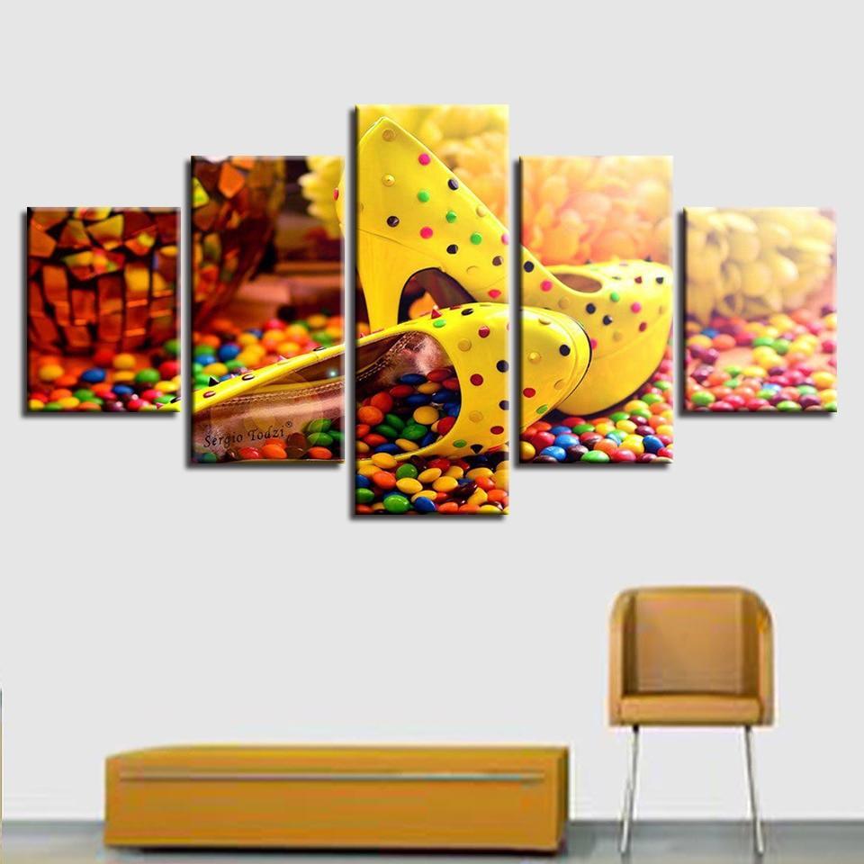 Candy Chocolate High Heels 5 Piece HD Multi Panel Canvas Wall Art Frame-Original Frame