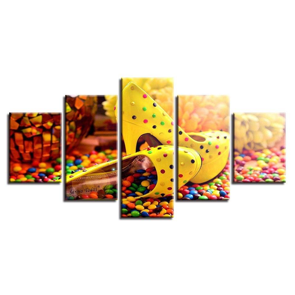 Candy Chocolate High Heels 5 Piece HD Multi Panel Canvas Wall Art Frame-Original Frame