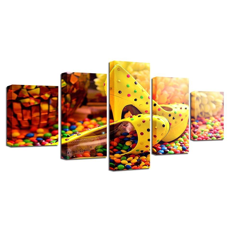 Candy Chocolate High Heels 5 Piece HD Multi Panel Canvas Wall Art Frame-Original Frame