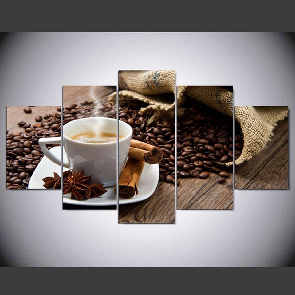 Coffee Beans Cup 5 Piece HD Multi Panel Canvas Wall Art Frame-Original Frame