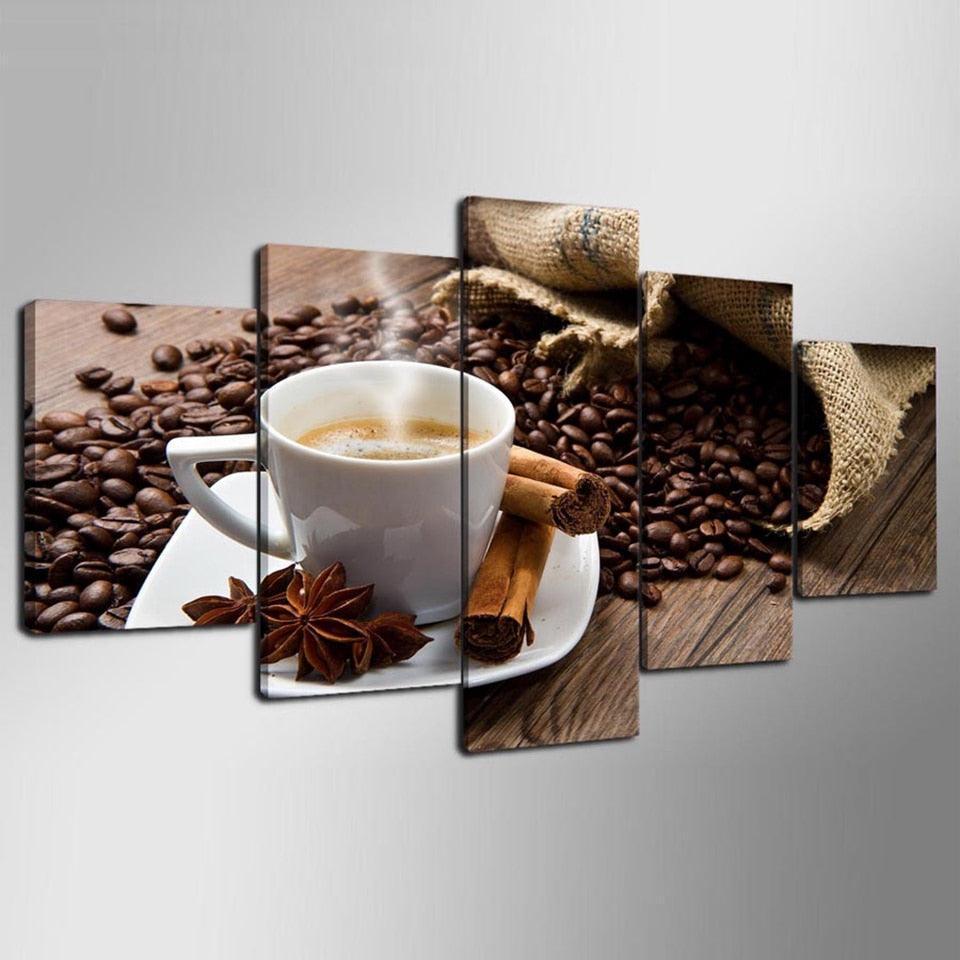 Coffee Beans Cup 5 Piece HD Multi Panel Canvas Wall Art Frame-Original Frame