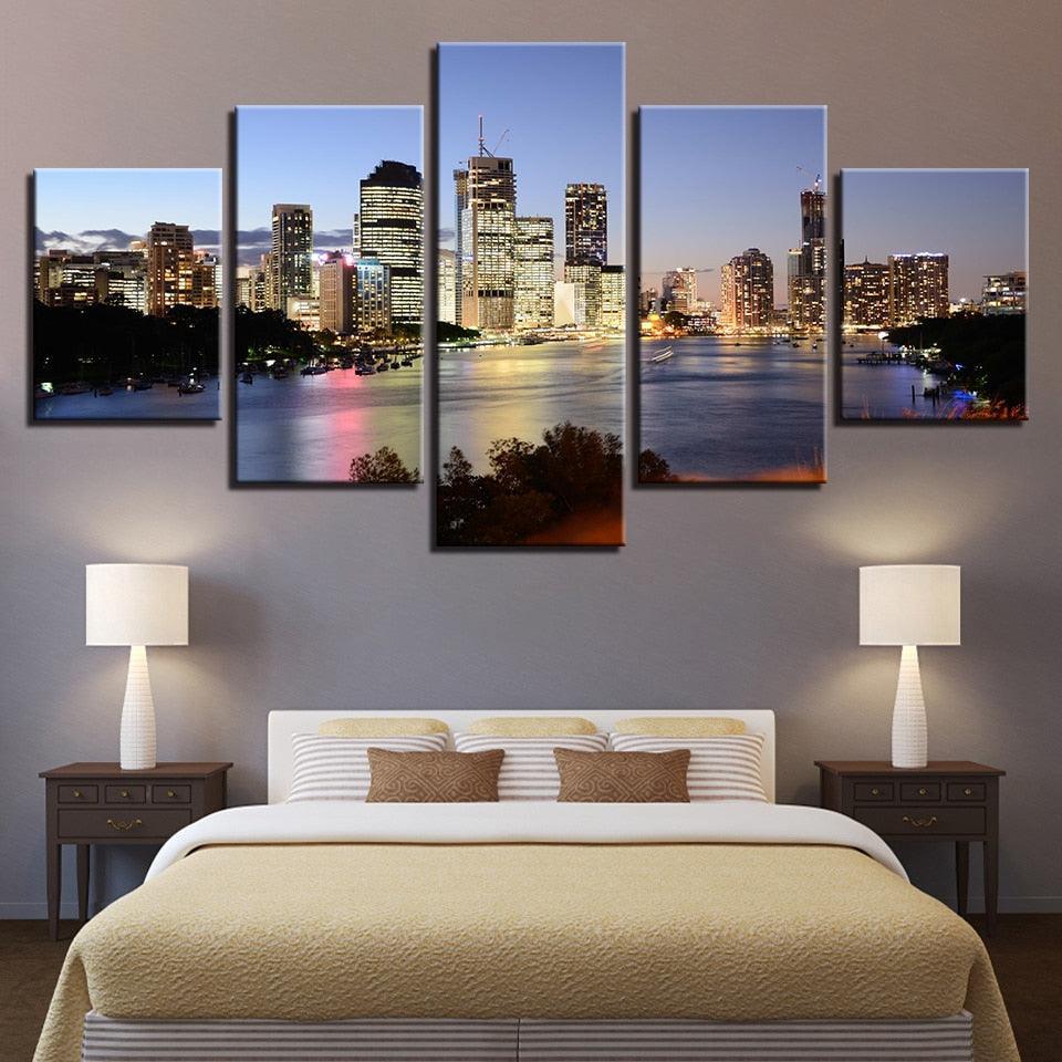 Seaside City Night 5 Piece HD Multi Panel Canvas Wall Art Frame-Original Frame