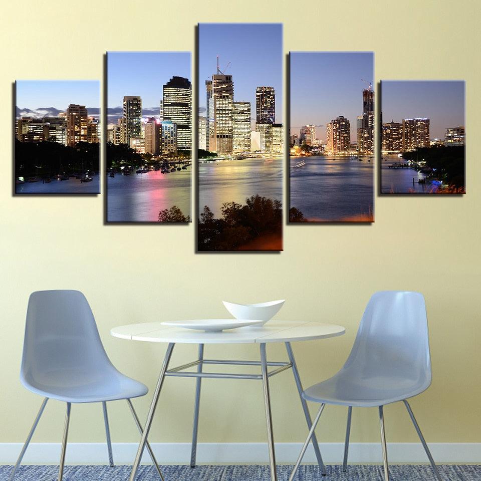 Seaside City Night 5 Piece HD Multi Panel Canvas Wall Art Frame-Original Frame