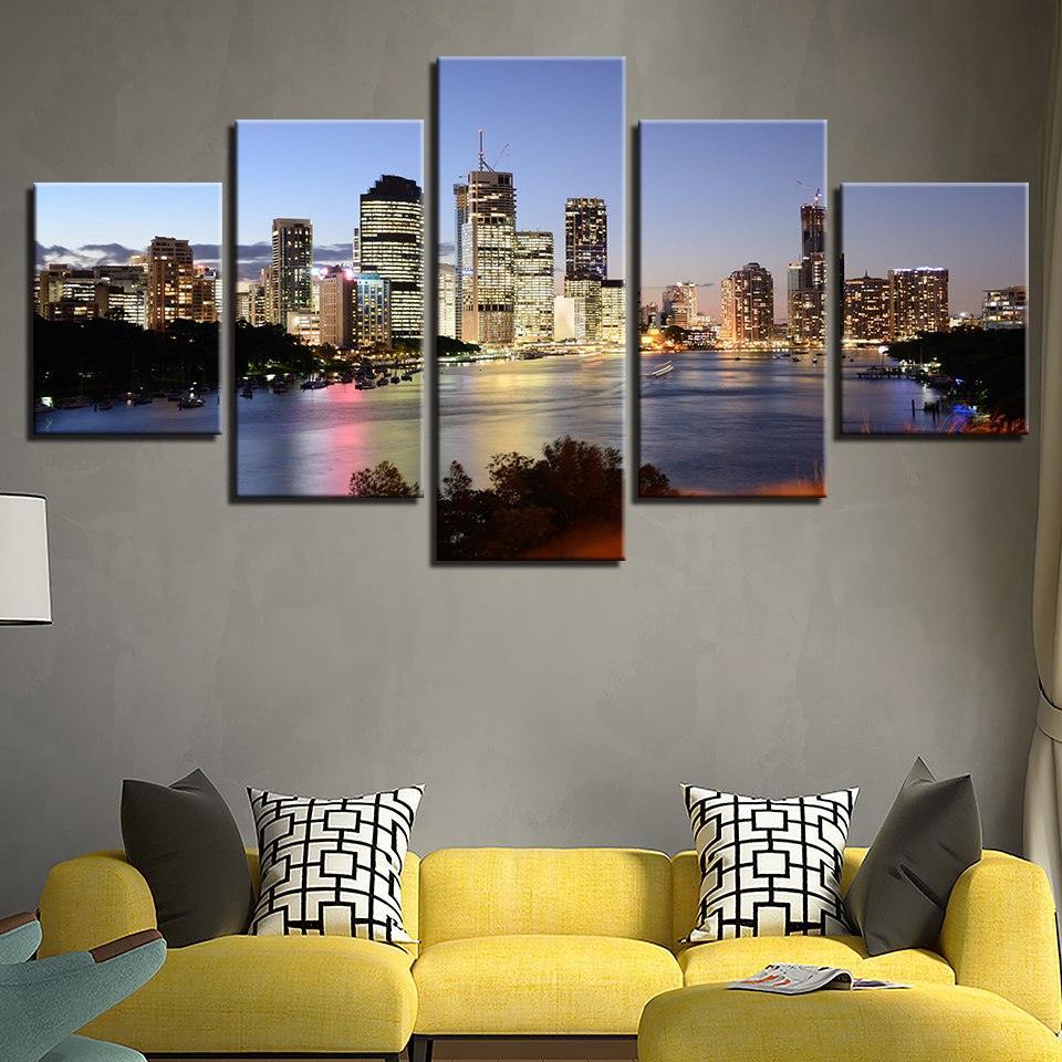 Seaside City Night 5 Piece HD Multi Panel Canvas Wall Art Frame-Original Frame