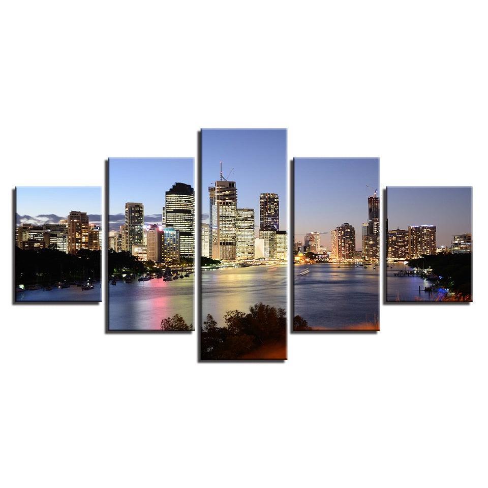Seaside City Night 5 Piece HD Multi Panel Canvas Wall Art Frame-Original Frame