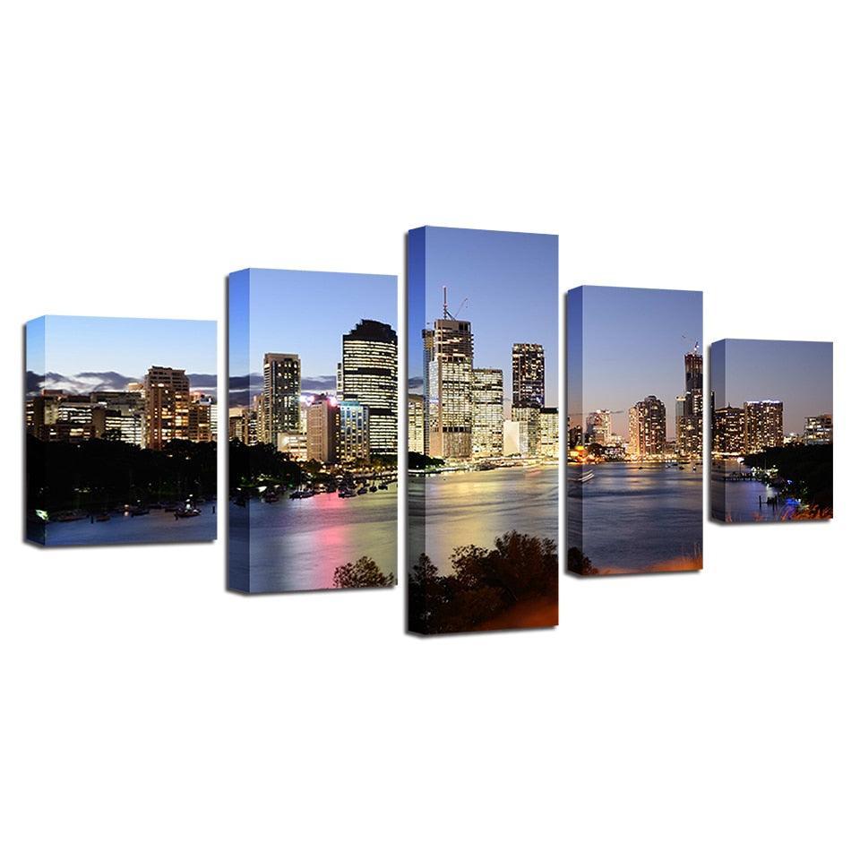 Seaside City Night 5 Piece HD Multi Panel Canvas Wall Art Frame-Original Frame