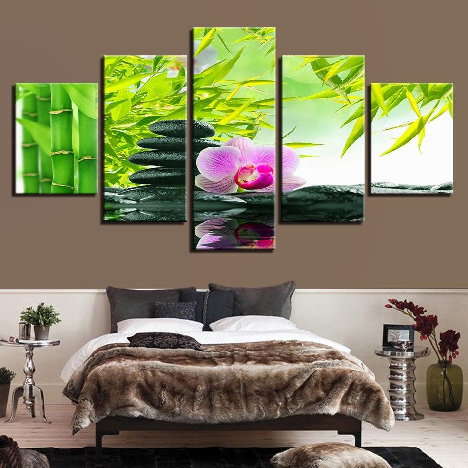 Bamboo Stones Flowers 5 Piece HD Multi Panel Canvas Wall Art Frame-Original Frame