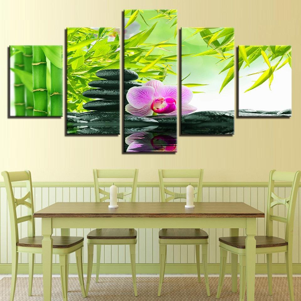 Bamboo Stones Flowers 5 Piece HD Multi Panel Canvas Wall Art Frame-Original Frame