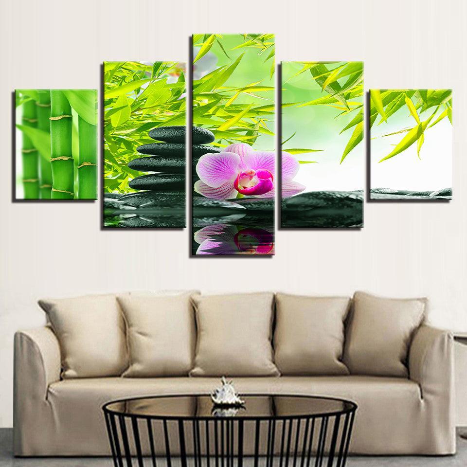 Bamboo Stones Flowers 5 Piece HD Multi Panel Canvas Wall Art Frame-Original Frame