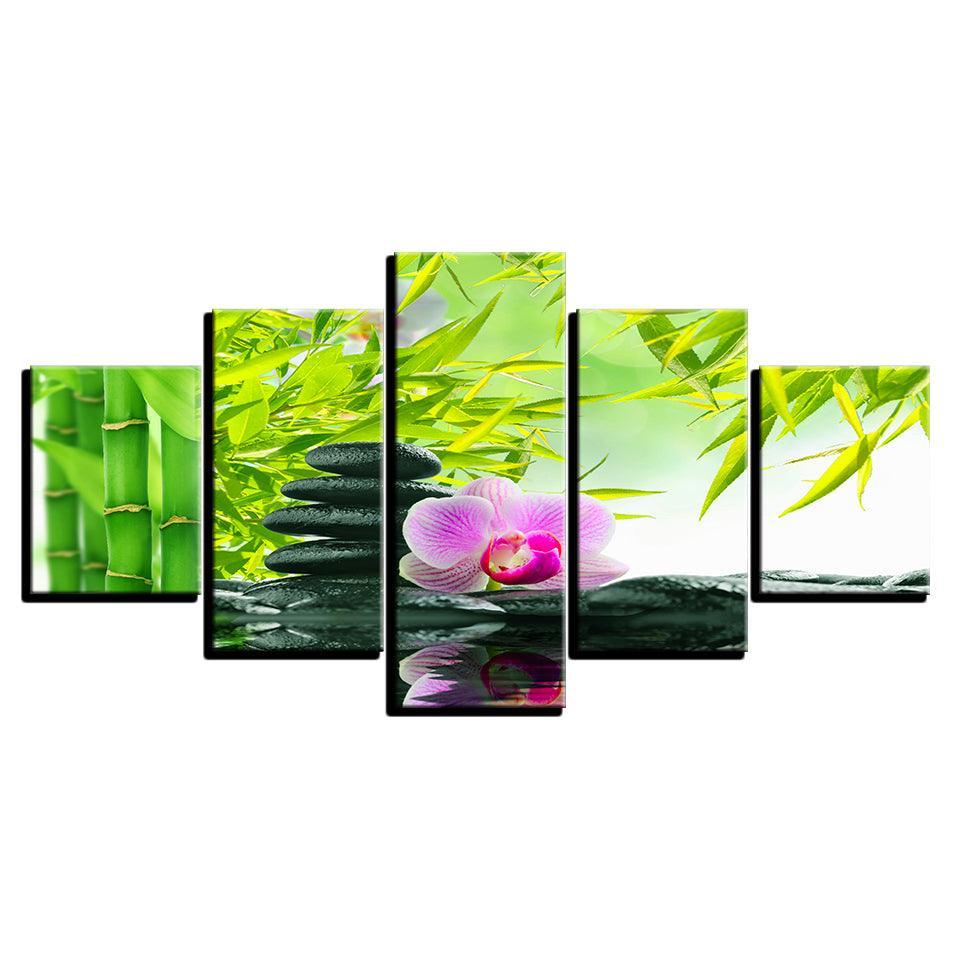 Bamboo Stones Flowers 5 Piece HD Multi Panel Canvas Wall Art Frame-Original Frame