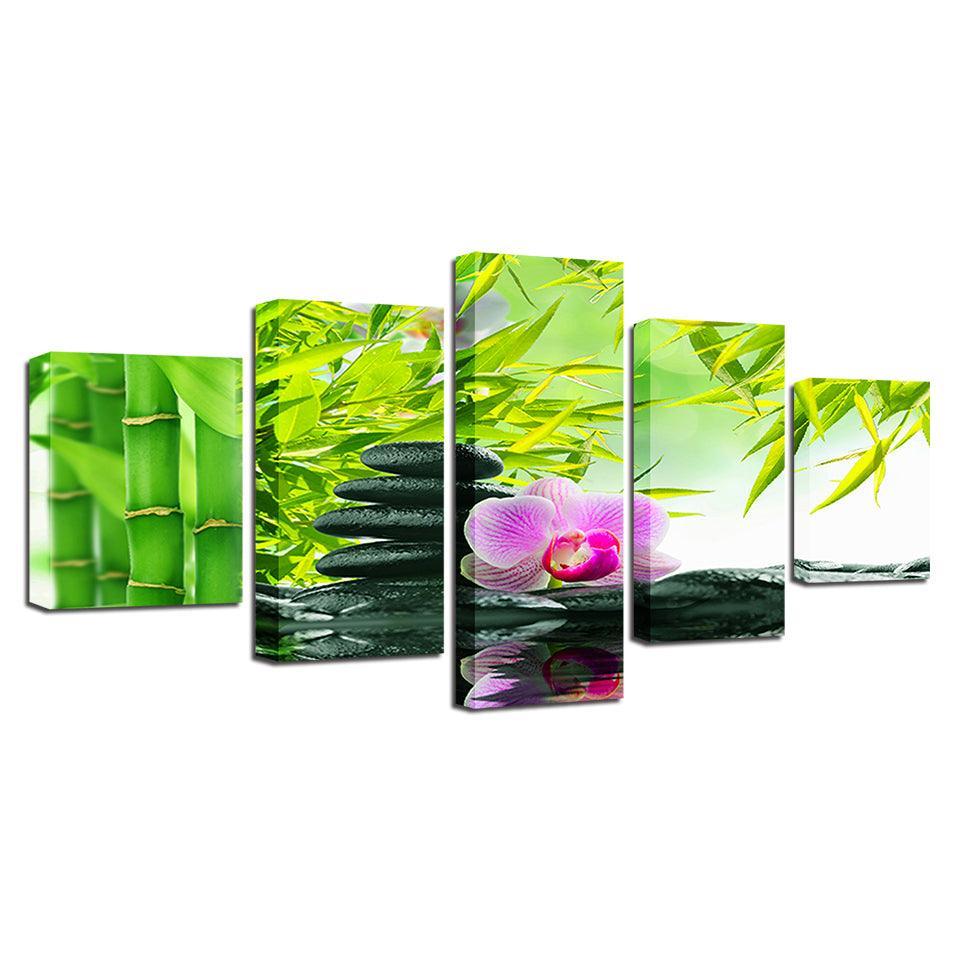 Bamboo Stones Flowers 5 Piece HD Multi Panel Canvas Wall Art Frame-Original Frame