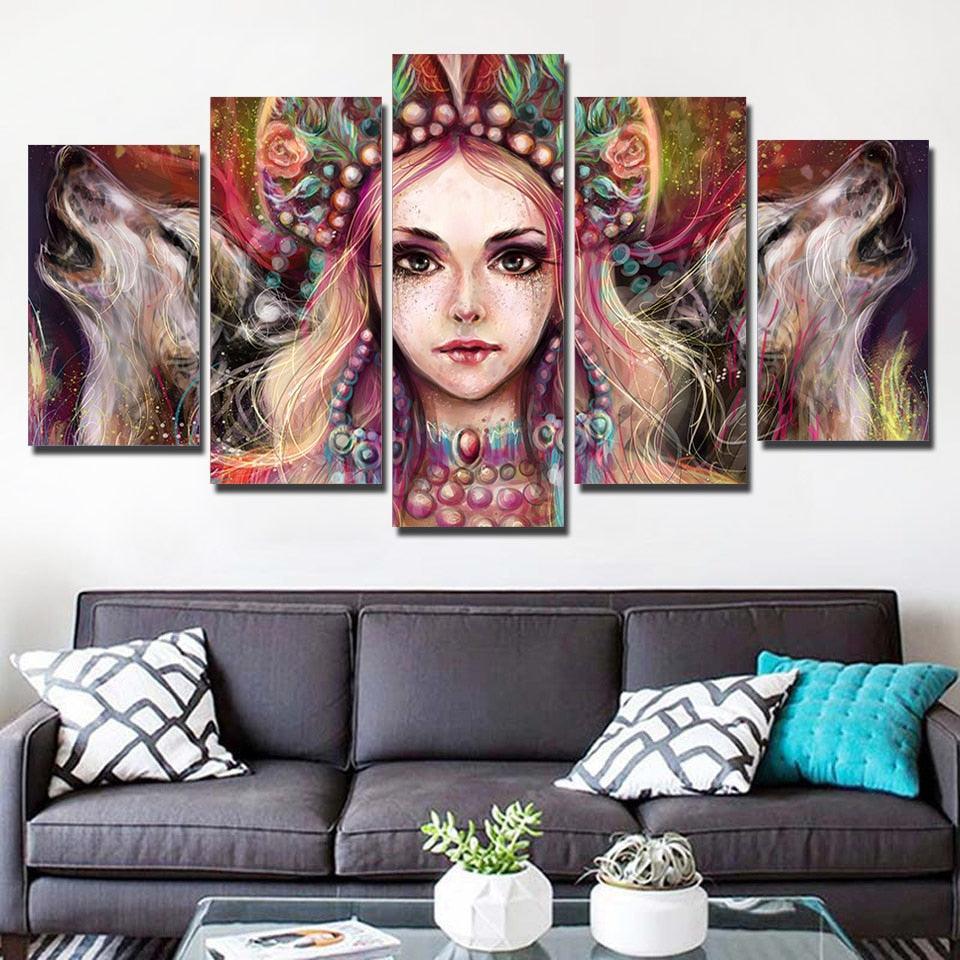She Wolf 5 Piece HD Multi Panel Canvas Wall Art Frame-Original Frame