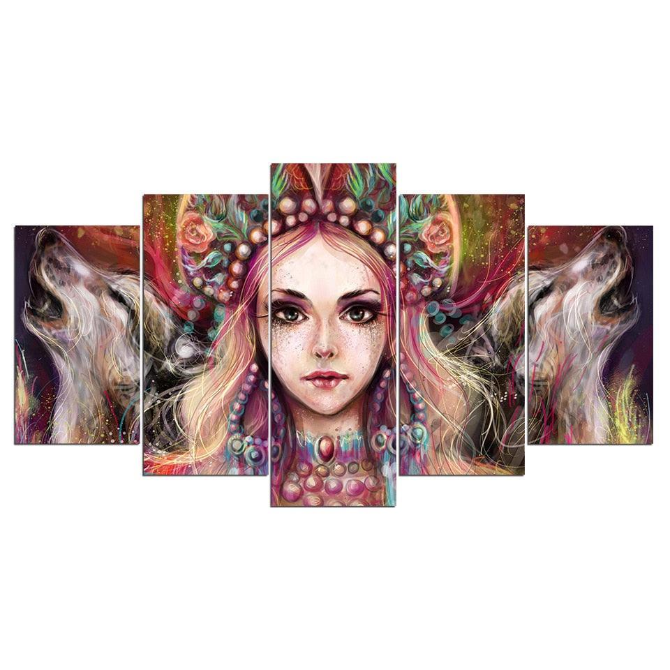 She Wolf 5 Piece HD Multi Panel Canvas Wall Art Frame-Original Frame