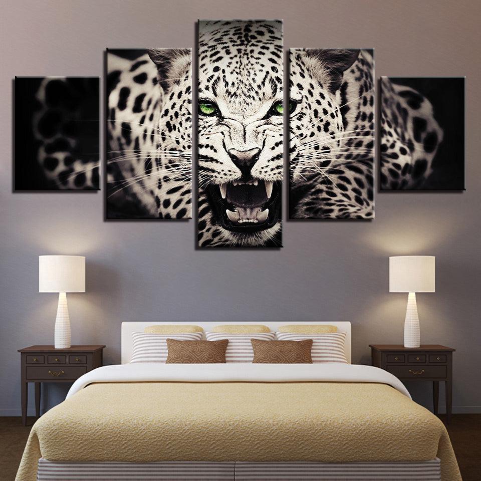 Green Gaze Leopard 5 Piece HD Multi Panel Canvas Wall Art Frame-Original Frame