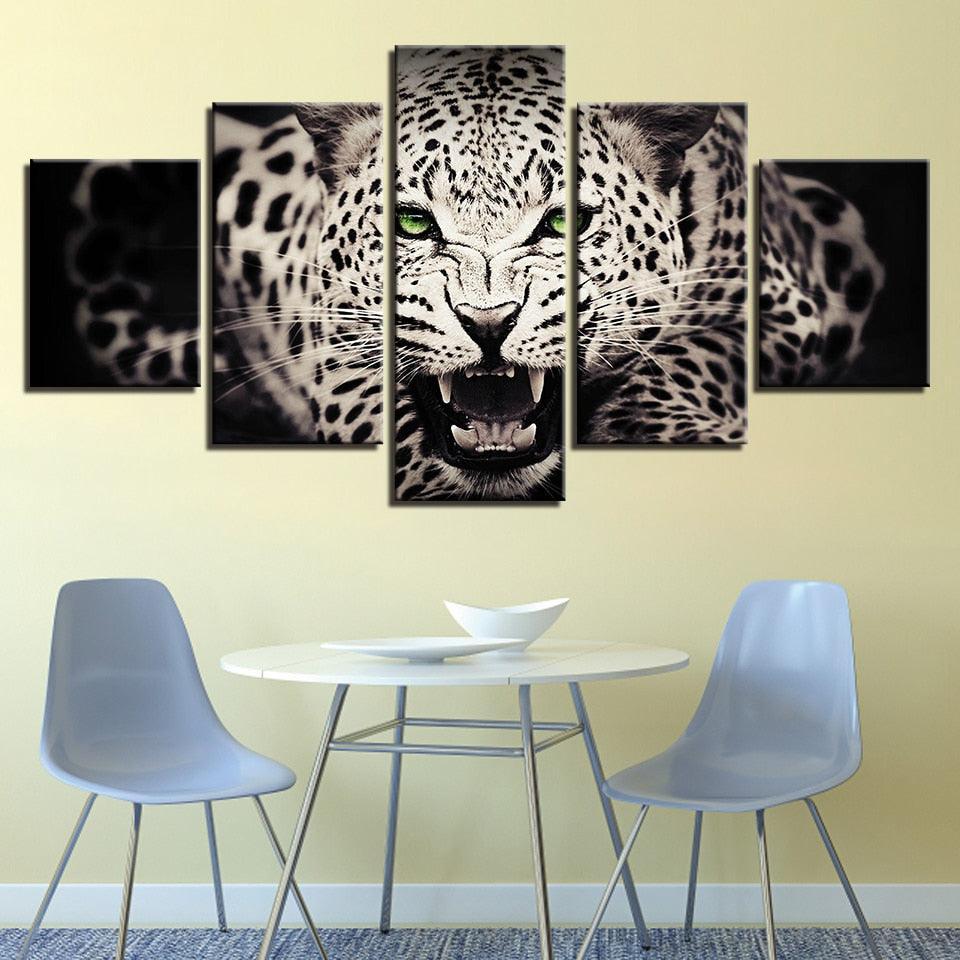Green Gaze Leopard 5 Piece HD Multi Panel Canvas Wall Art Frame-Original Frame