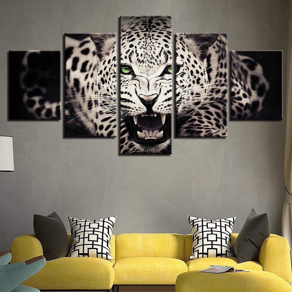 Green Gaze Leopard 5 Piece HD Multi Panel Canvas Wall Art Frame-Original Frame