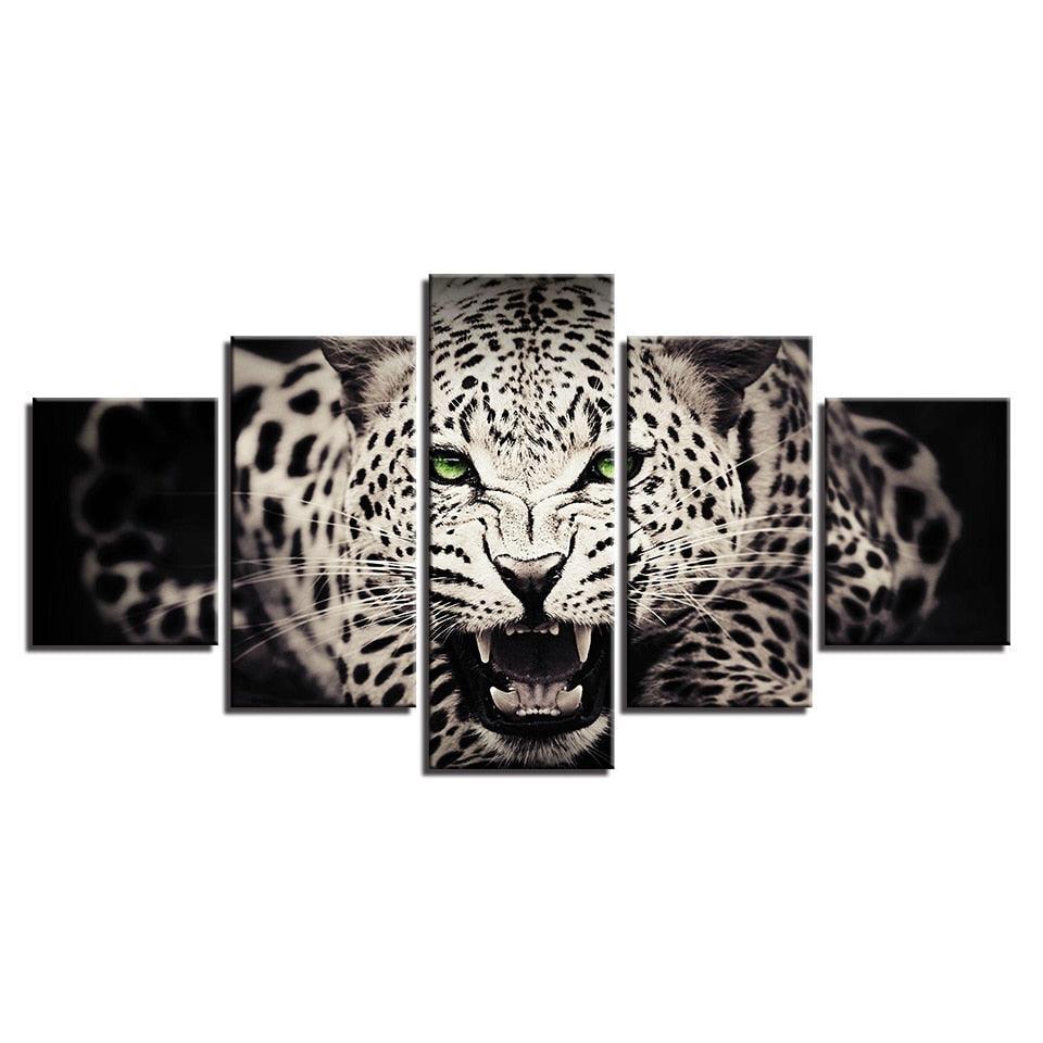 Green Gaze Leopard 5 Piece HD Multi Panel Canvas Wall Art Frame-Original Frame