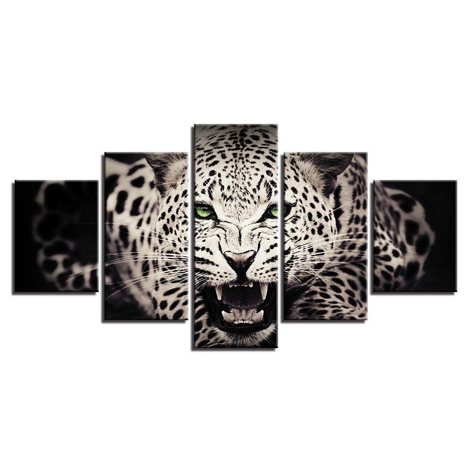 Green Gaze Leopard 5 Piece HD Multi Panel Canvas Wall Art Frame-Original Frame