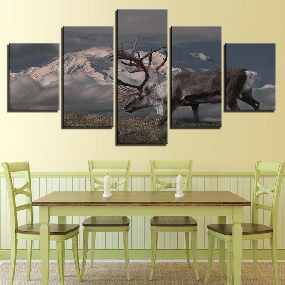 Snow Capped Mountains Deer 5 Piece HD Multi Panel Canvas Wall Art Frame-Original Frame