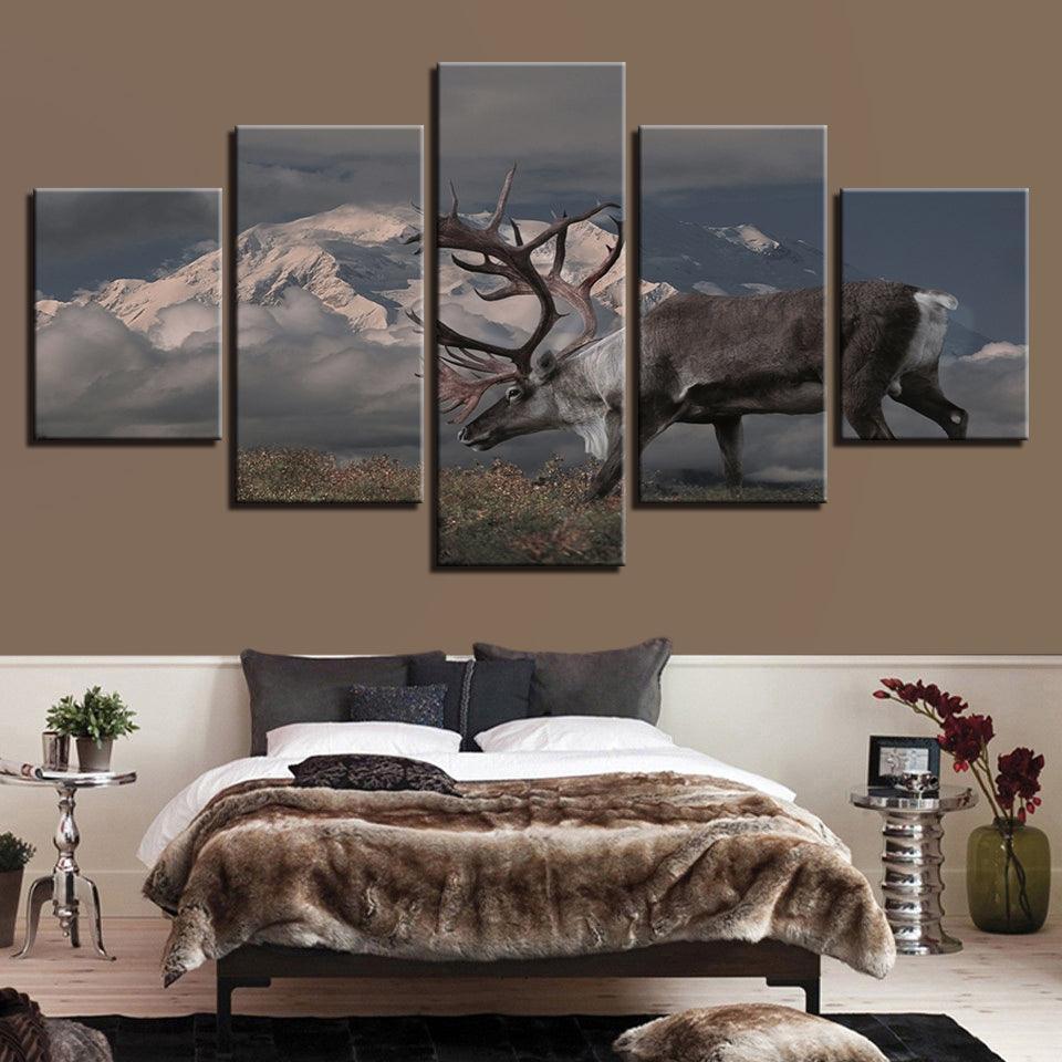 Snow Capped Mountains Deer 5 Piece HD Multi Panel Canvas Wall Art Frame-Original Frame