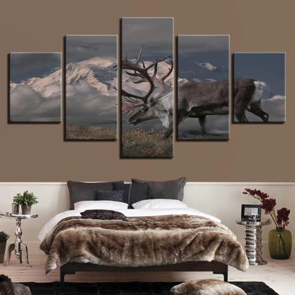 Snow Capped Mountains Deer 5 Piece HD Multi Panel Canvas Wall Art Frame-Original Frame