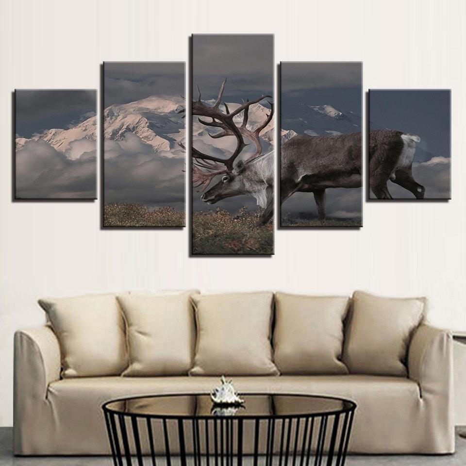 Snow Capped Mountains Deer 5 Piece HD Multi Panel Canvas Wall Art Frame-Original Frame
