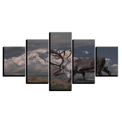 Snow Capped Mountains Deer 5 Piece HD Multi Panel Canvas Wall Art Frame-Original Frame