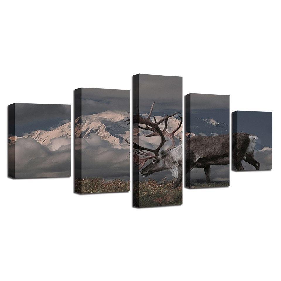 Snow Capped Mountains Deer 5 Piece HD Multi Panel Canvas Wall Art Frame-Original Frame