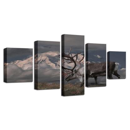 Snow Capped Mountains Deer 5 Piece HD Multi Panel Canvas Wall Art Frame-Original Frame