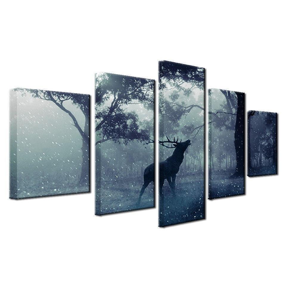 Buck in Forest 5 Piece HD Multi Panel Canvas Wall Art Frame-Original Frame