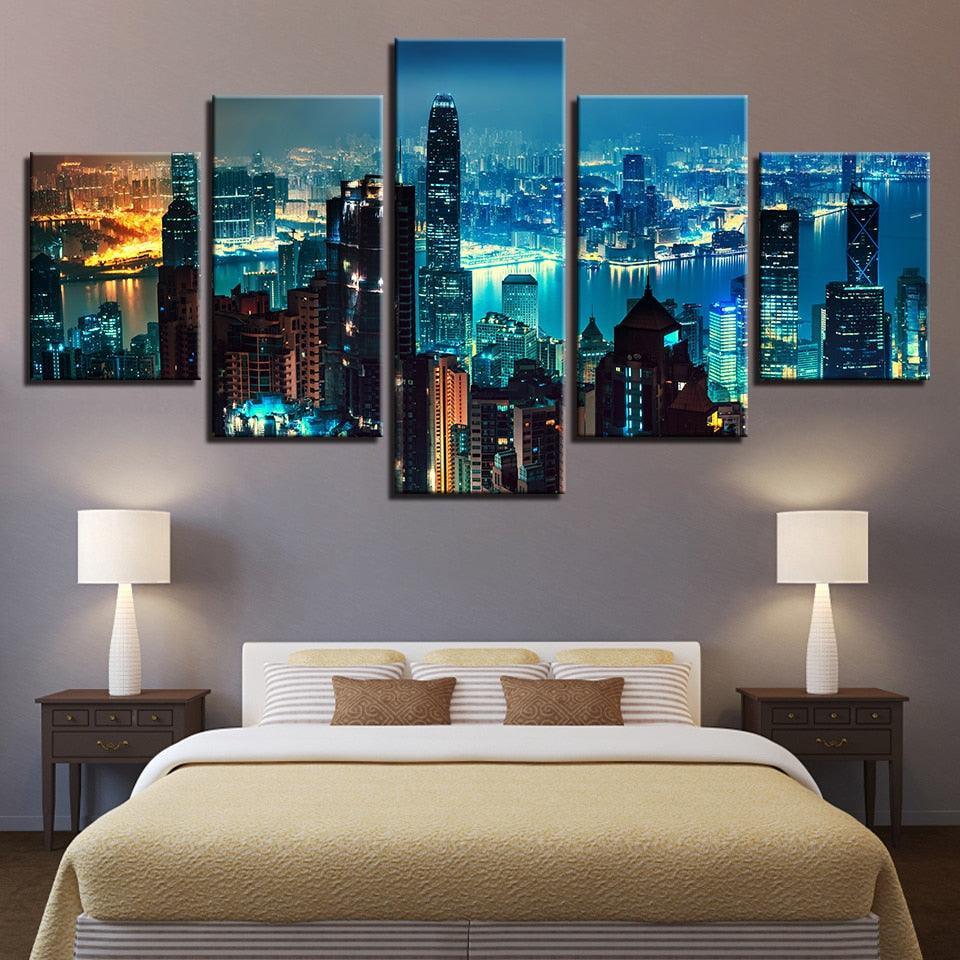 City Buildings at Night 5 Piece HD Multi Panel Canvas Wall Art Frame-Original Frame