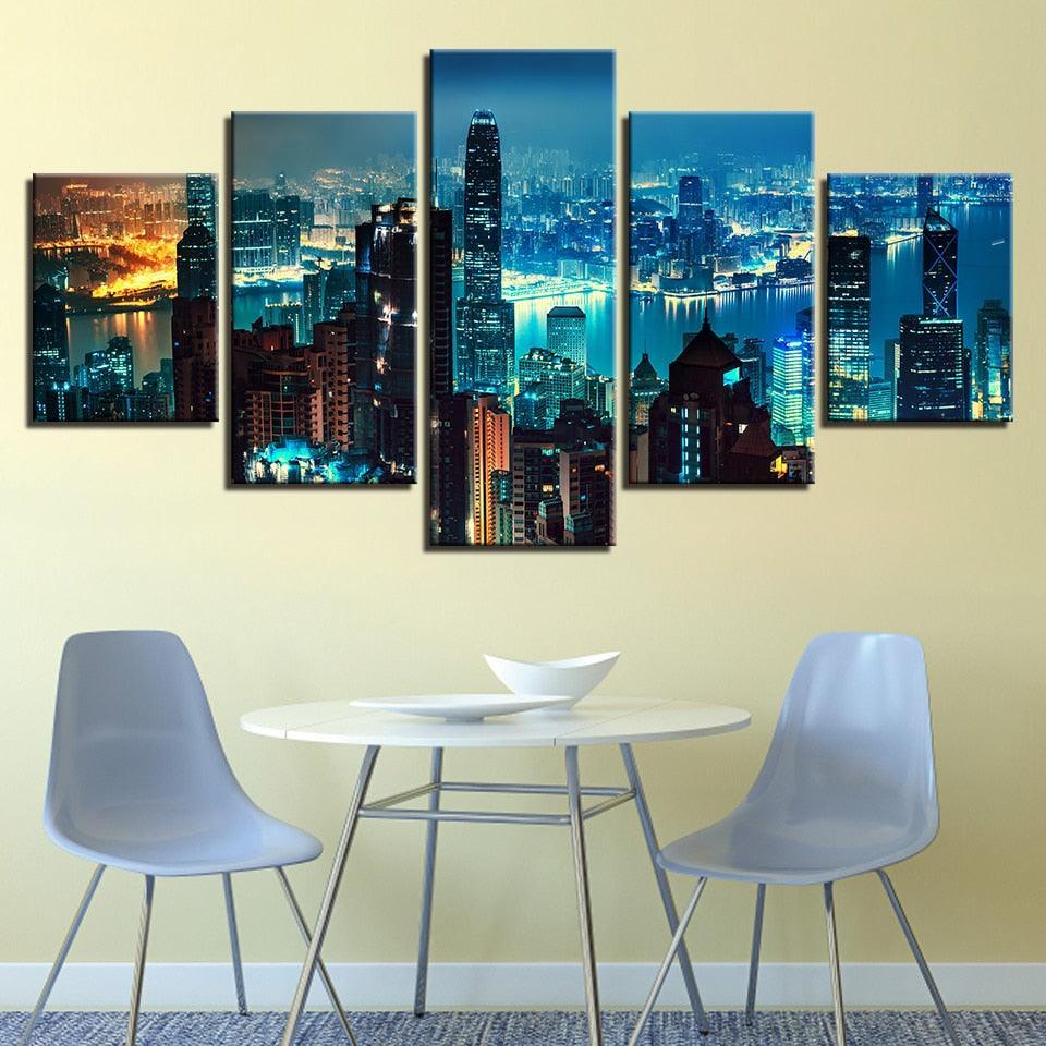 City Buildings at Night 5 Piece HD Multi Panel Canvas Wall Art Frame-Original Frame