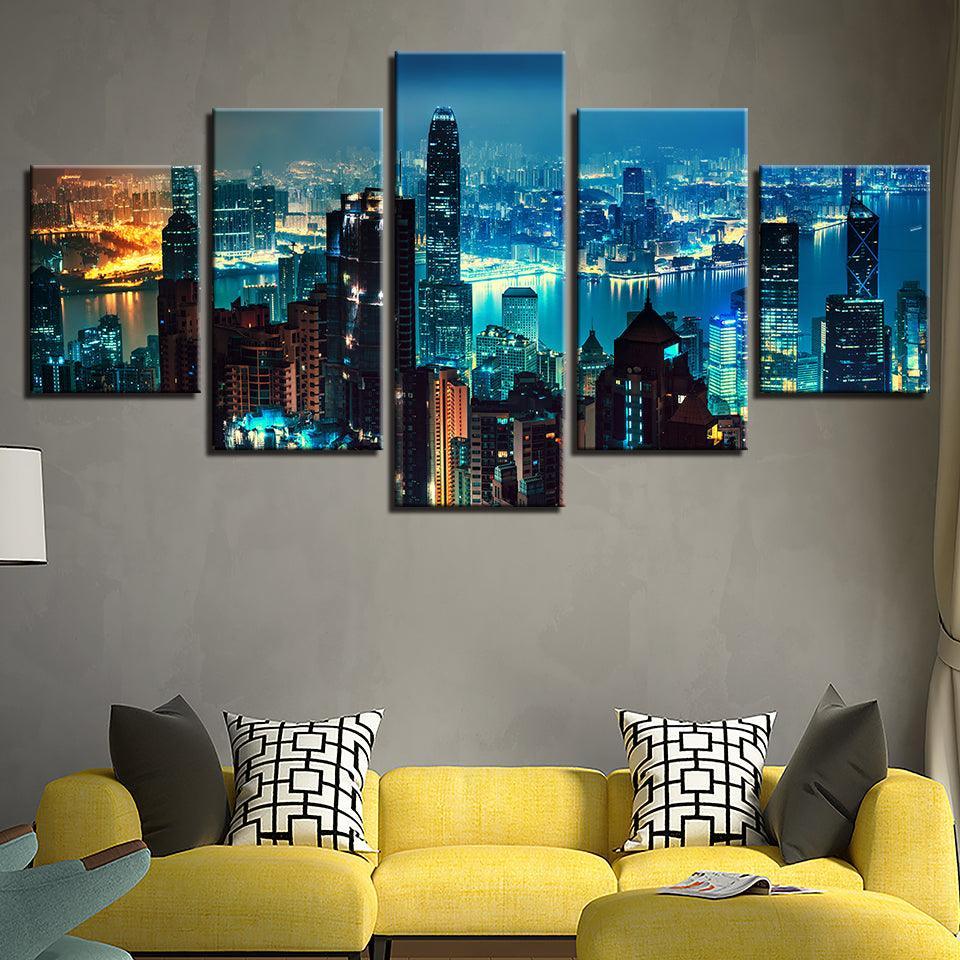 City Buildings at Night 5 Piece HD Multi Panel Canvas Wall Art Frame-Original Frame