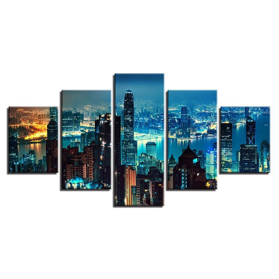 City Buildings at Night 5 Piece HD Multi Panel Canvas Wall Art Frame-Original Frame