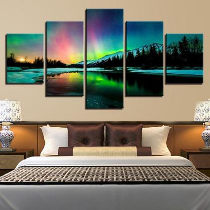 Aurora Borealis Lake 5 Piece HD Multi Panel Canvas Wall Art Frame-Original Frame
