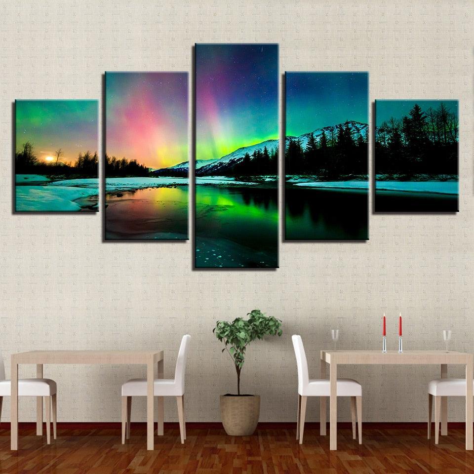 Aurora Borealis Lake 5 Piece HD Multi Panel Canvas Wall Art Frame-Original Frame