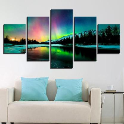 Aurora Borealis Lake 5 Piece HD Multi Panel Canvas Wall Art Frame-Original Frame