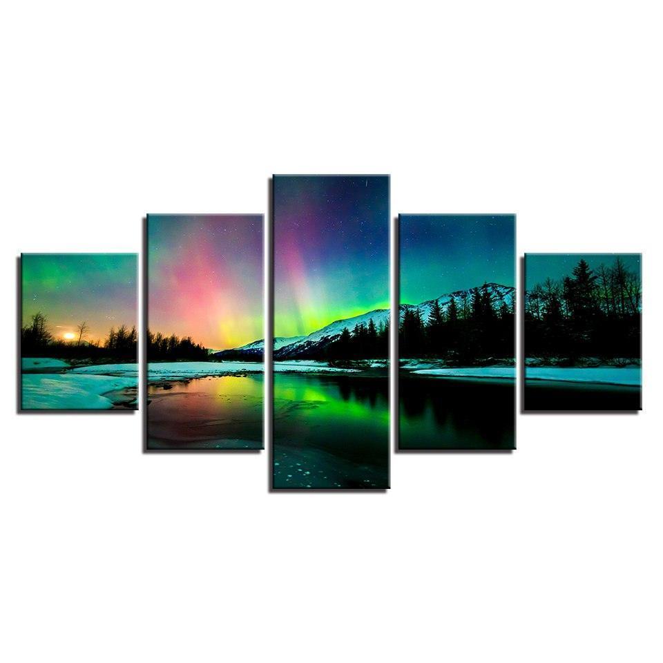 Aurora Borealis Lake 5 Piece HD Multi Panel Canvas Wall Art Frame-Original Frame