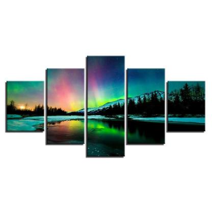Aurora Borealis Lake 5 Piece HD Multi Panel Canvas Wall Art Frame-Original Frame